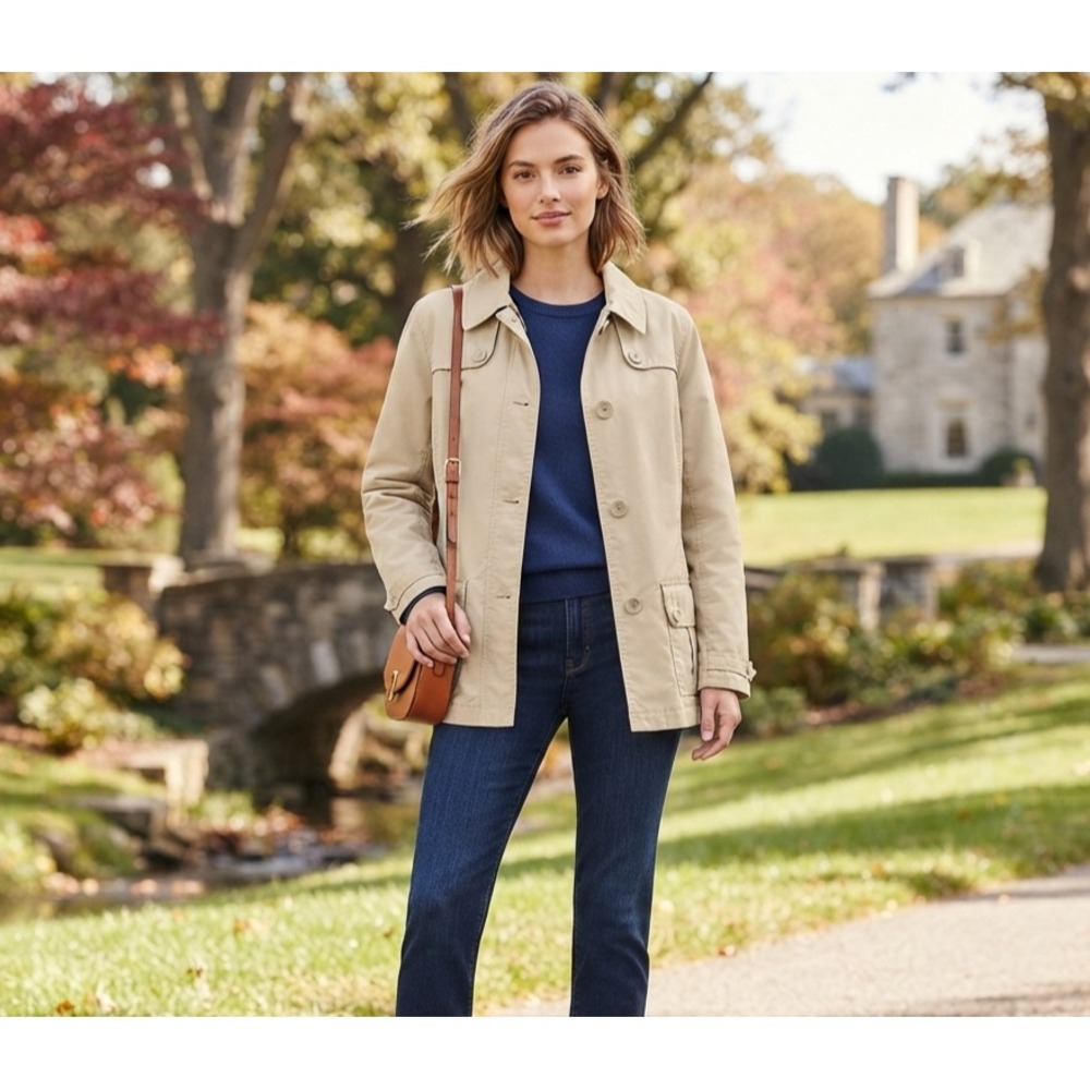 Lands End Womens Short Trench Coat Size Large Hip Length Preppy Nautical